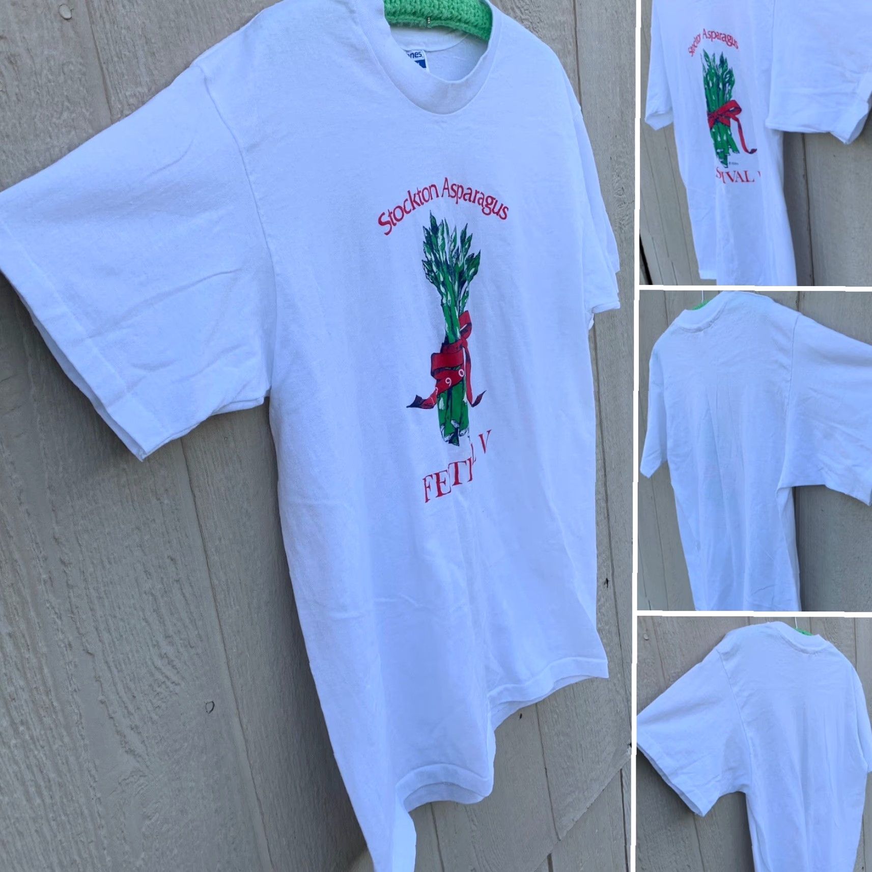 Hanes VINTAGE Hanes Stockton Asparagus Festival V T-Shirt L White 1990s Mens Graphic Tee Short Sleeve Made In USA Size US L / EU 52-54 / 3 - 2 Thumbnail