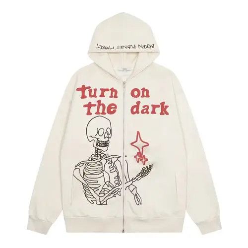 image of Vintage Skull Printed Hooded Cardigan in Apricot, Men's (Size Large)