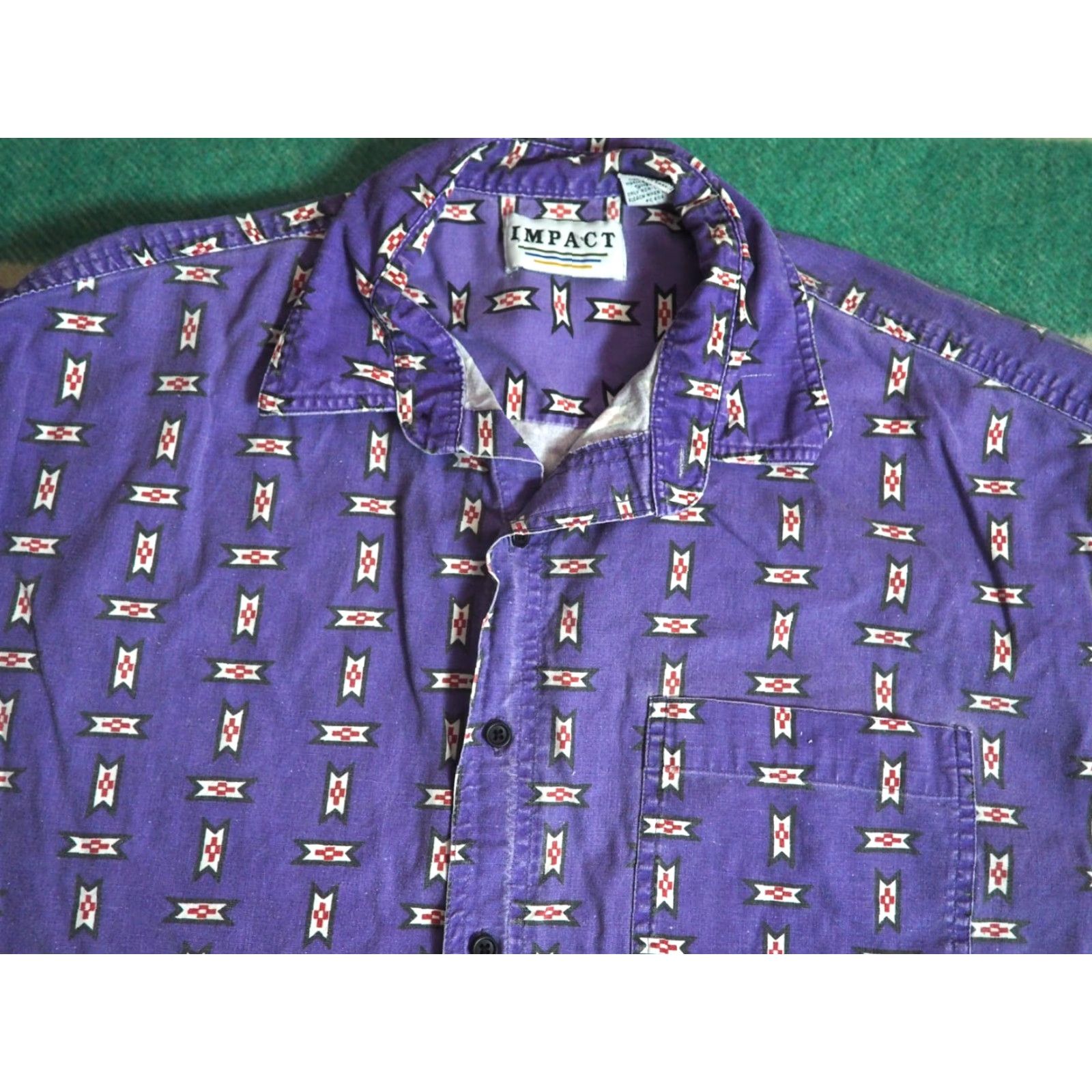 Vintage VINTAGE Impact Western Shirt L Purple 90s Cotton Short Sleeve Geometric Cockpit Pocket Mens Size US L / EU 52-54 / 3 - 2 Thumbnail