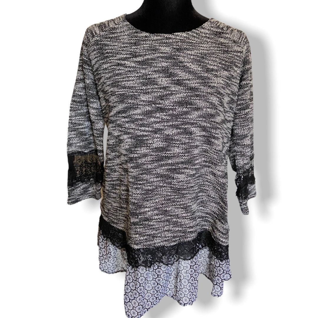 Other Multiples Textured Lace Sweater Tunic Black Gray White Large Size L / US 10 / IT 46 - 2 Thumbnail