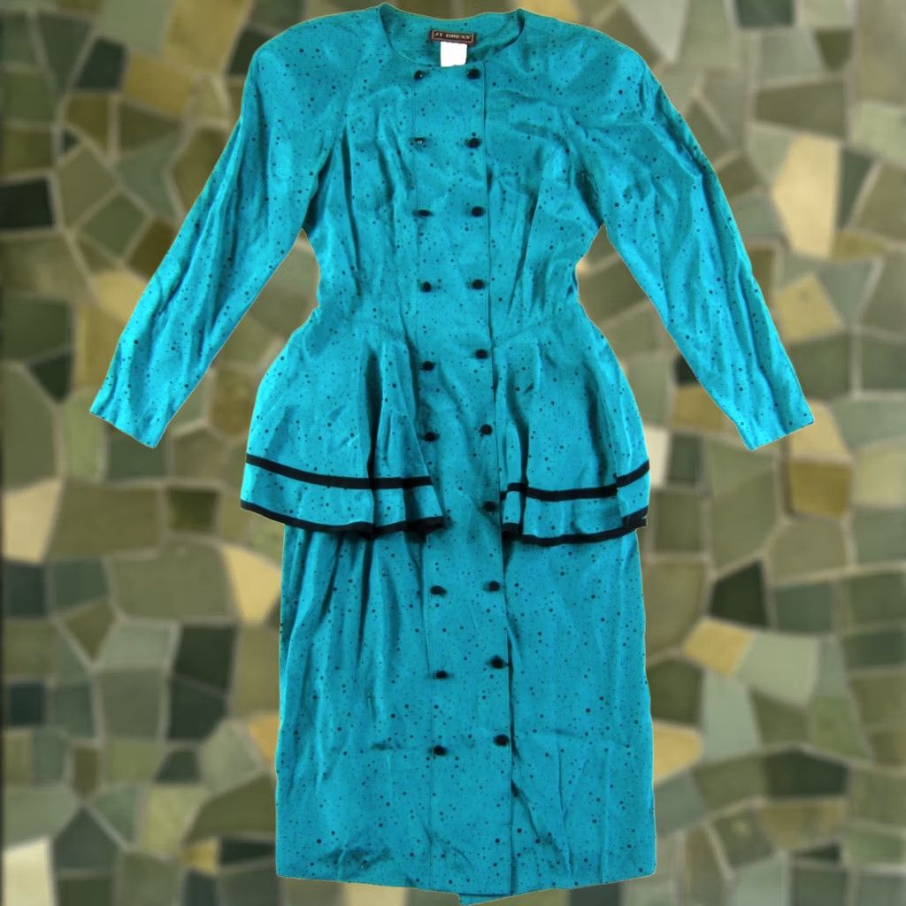 Altea VINTAGE JT DRESS Teal Green Black Polka Dot Rayon Long sleeve Midi Dress 8 Women Size M / US 6-8 / IT 42-44 - 1 Thumbnail