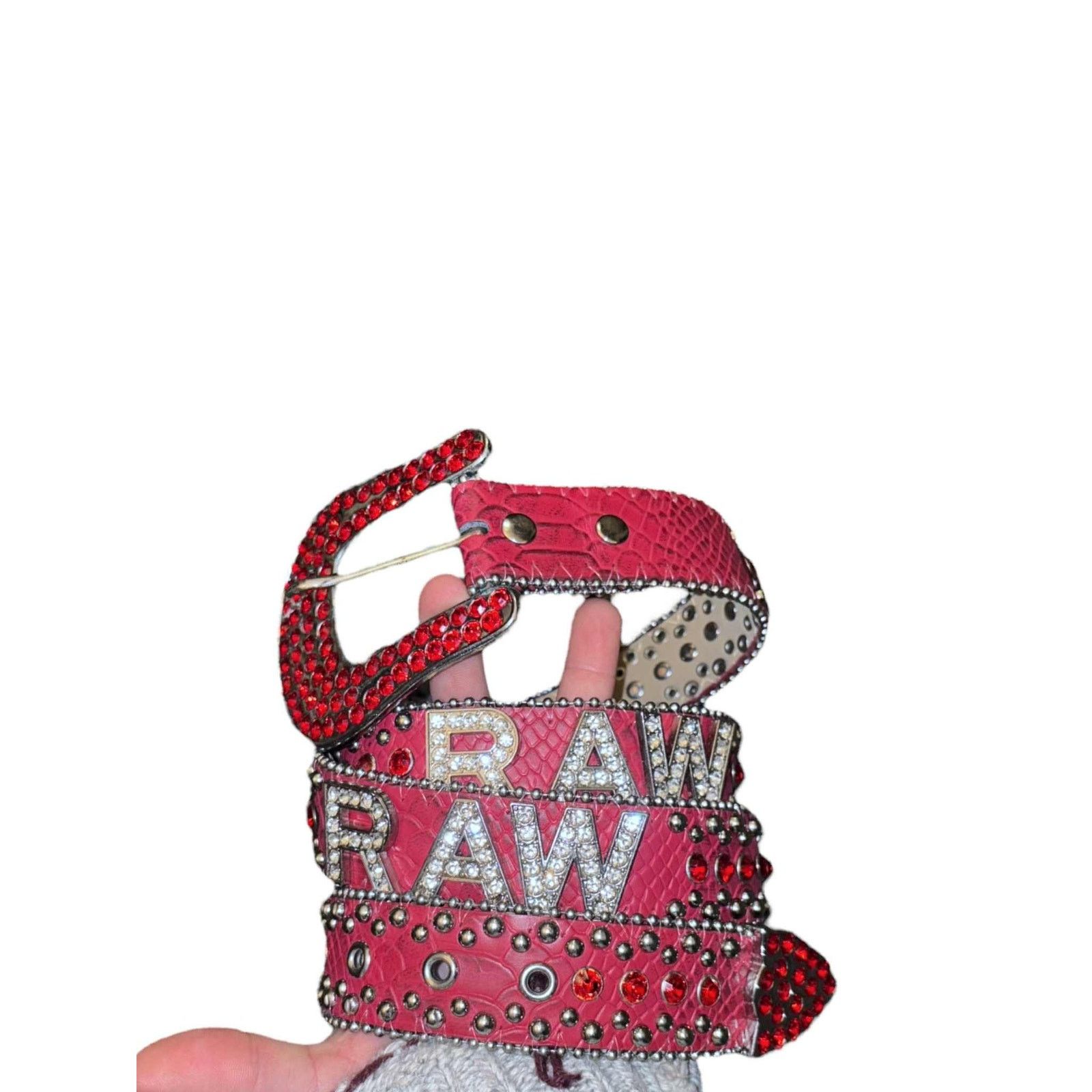 Other RAW Red/Pink Rhinestone Studded Western Belt Leather Y2K Size ONE SIZE - 6 Thumbnail