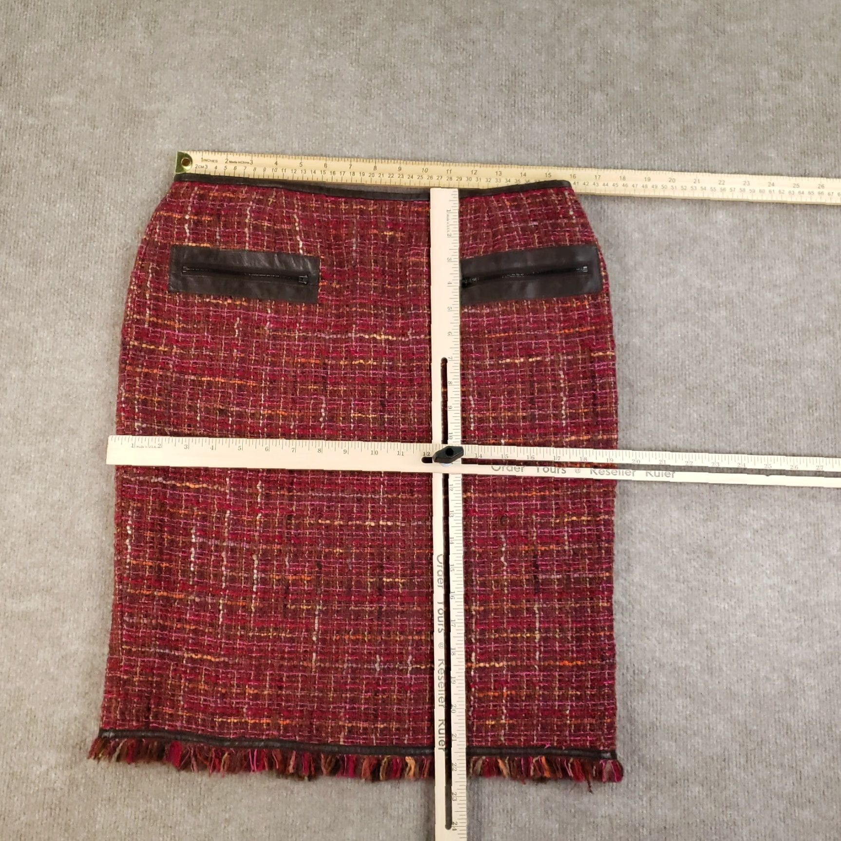 Vintage Lafayette 148 NY Pencil Skirt Women Size 12 Red Boucle Tweed Fringe Lined Knee Length Classic Women Size 34" / US 12 / IT 48 - 2 Thumbnail