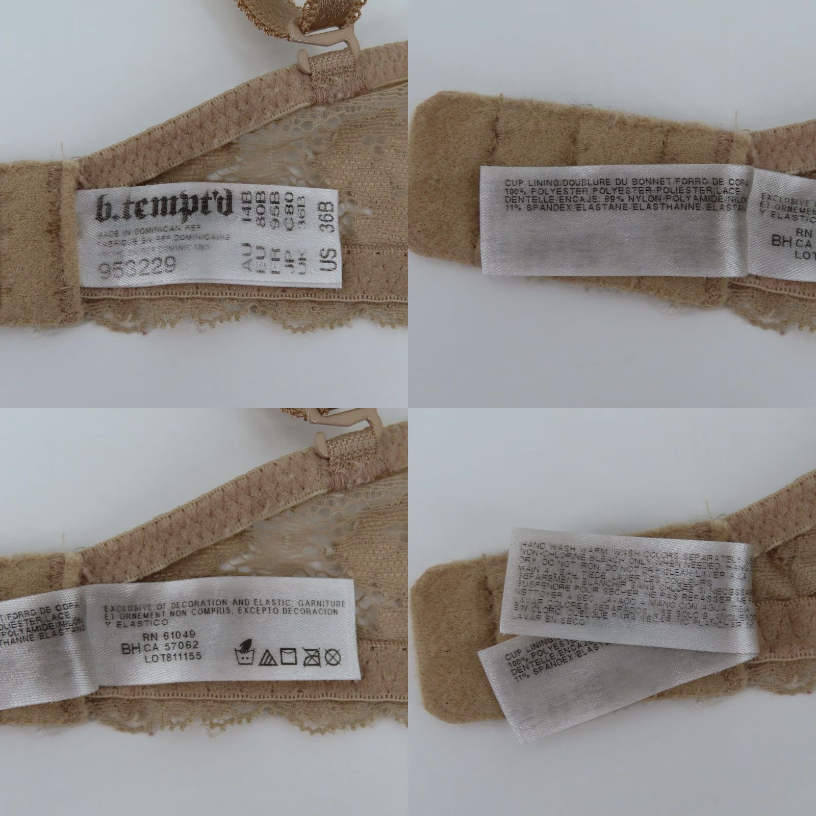Vintage B Temptd Wacoal 36B Insta Ready Plunge Bra 953229 Beige Lace Underwire Solid Beige Opaque T-Shirt Bra Womens Size ONE SIZE - 9 Thumbnail