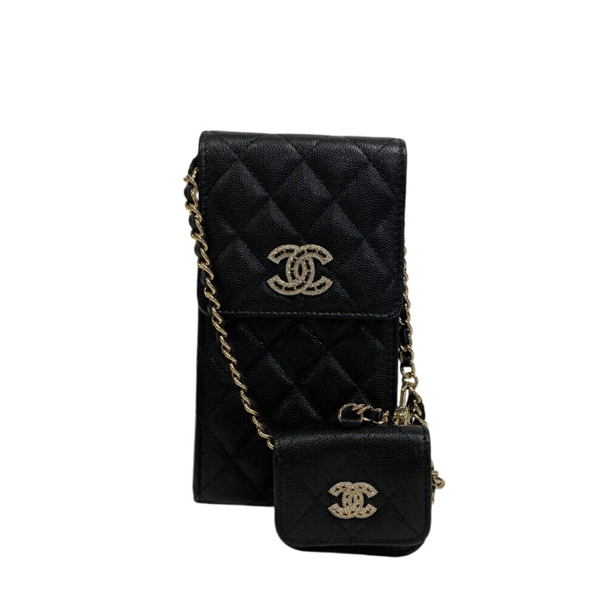 Chanel Shoulder Pouch Airpods Case Matelasse Coco Mark Rhinestone Bag Women's Black