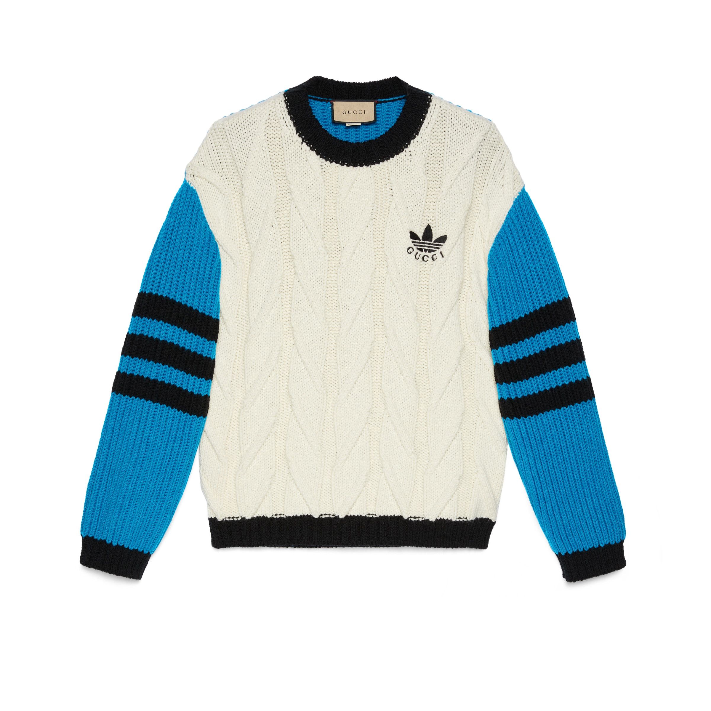 Gucci M - Gucci adidas Wool Cable Knit Sweater Blue White Black 