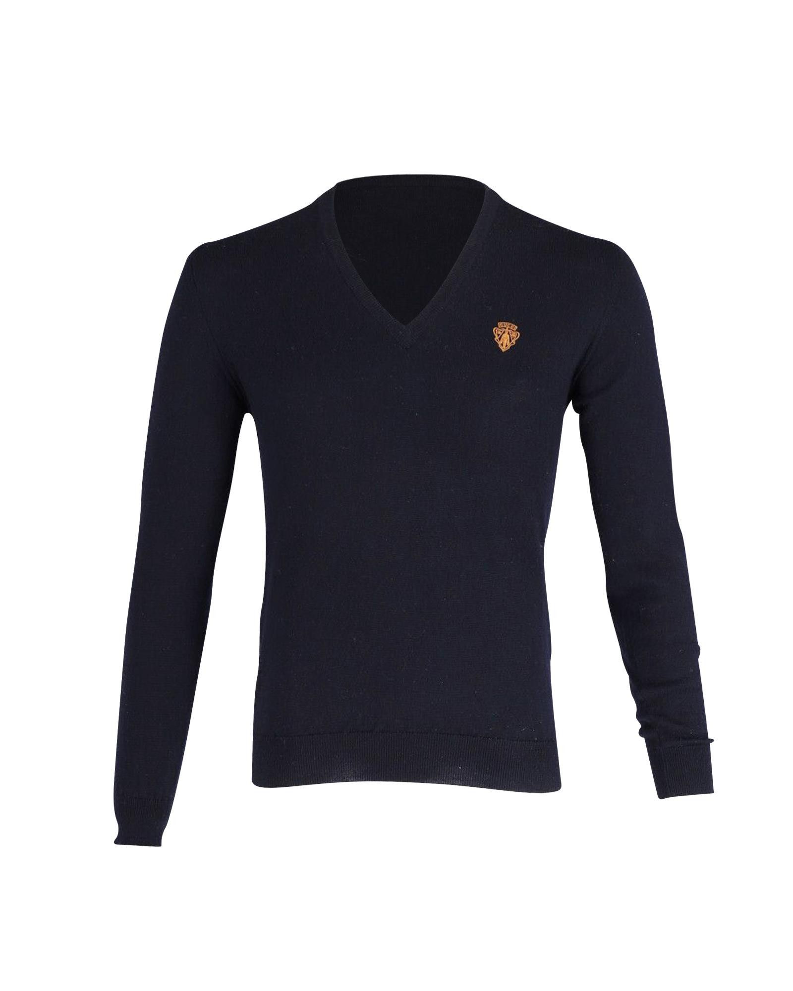 image of Navy Blue Fine Wool V-Neck Sweater With Gucci Embroidery For Men (Size Small)