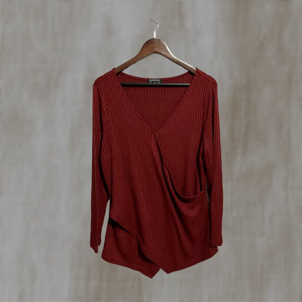 Vintage Bloomchic Jersey Top Burgundy Long Sleeve V-Neck Ribbed Size 12 Women Regular Size XL / US 12-14 / IT 48-50 - 1 Thumbnail
