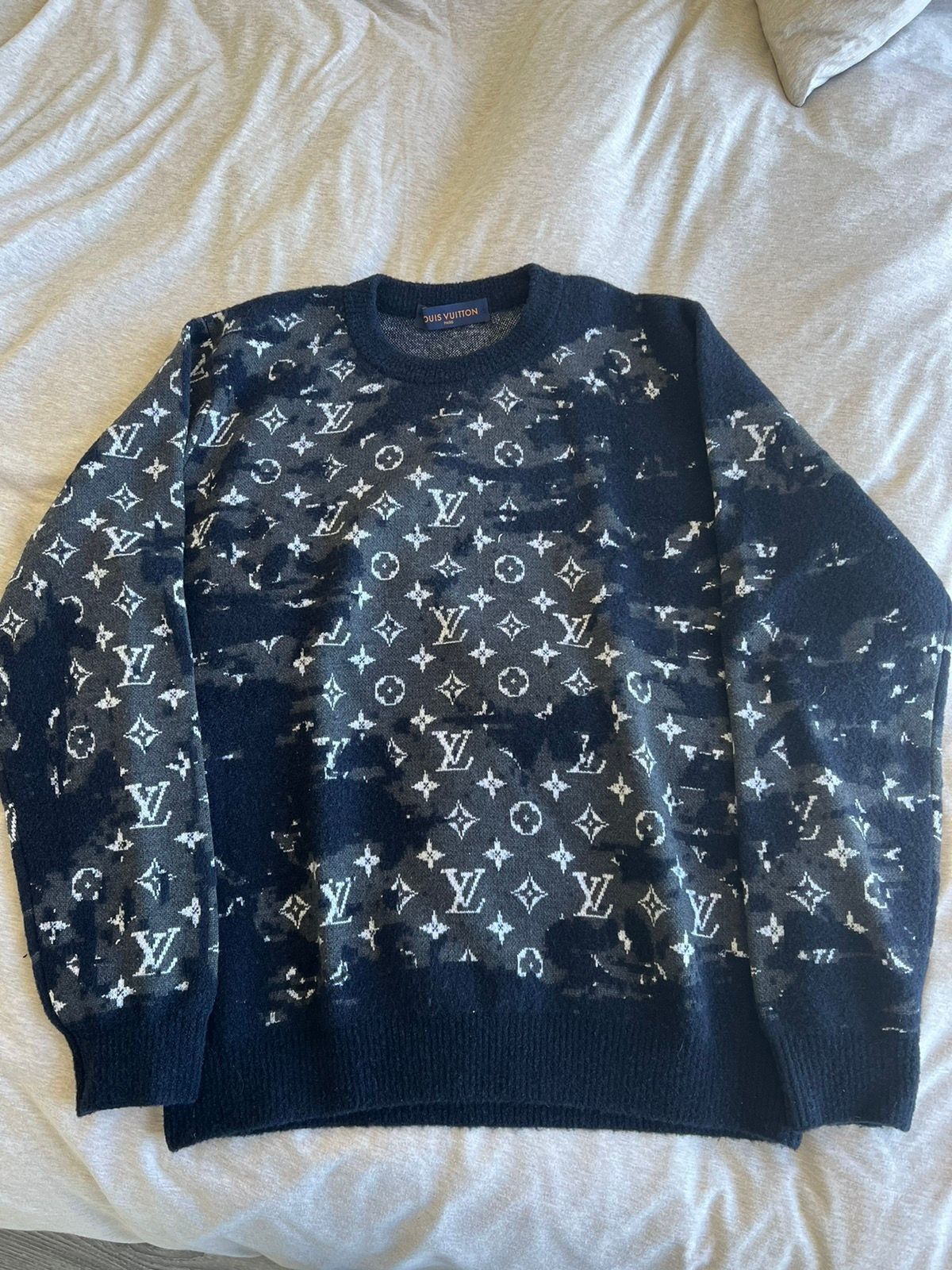 image of Louis Vuitton Distressed Flock Crewneck in Blue, Men's (Size XL)