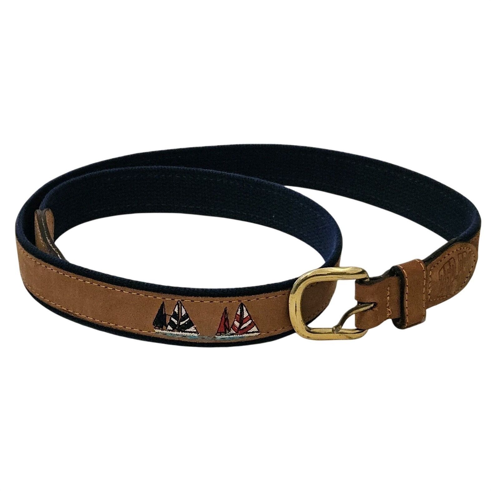 Other ZEP-PRO Brown Leather Blue Nautical Sailboat Belt Brass Buck Size 44 - 1 Thumbnail