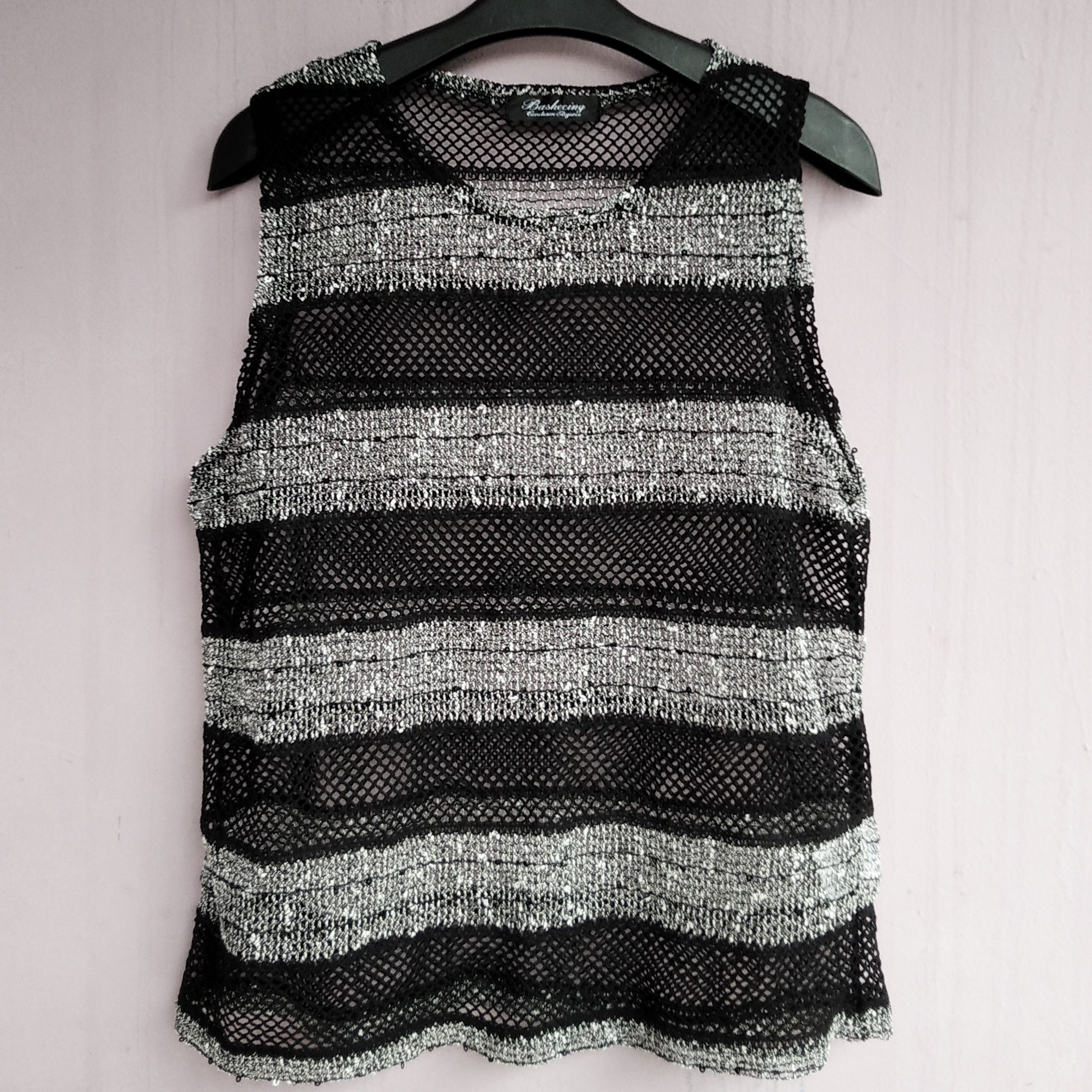 If Six Was Nine Vintage 00's BASHECING Japanese Brand Mesh Stripes Sleeveles Size US L / EU 52-54 / 3 - 1 Thumbnail