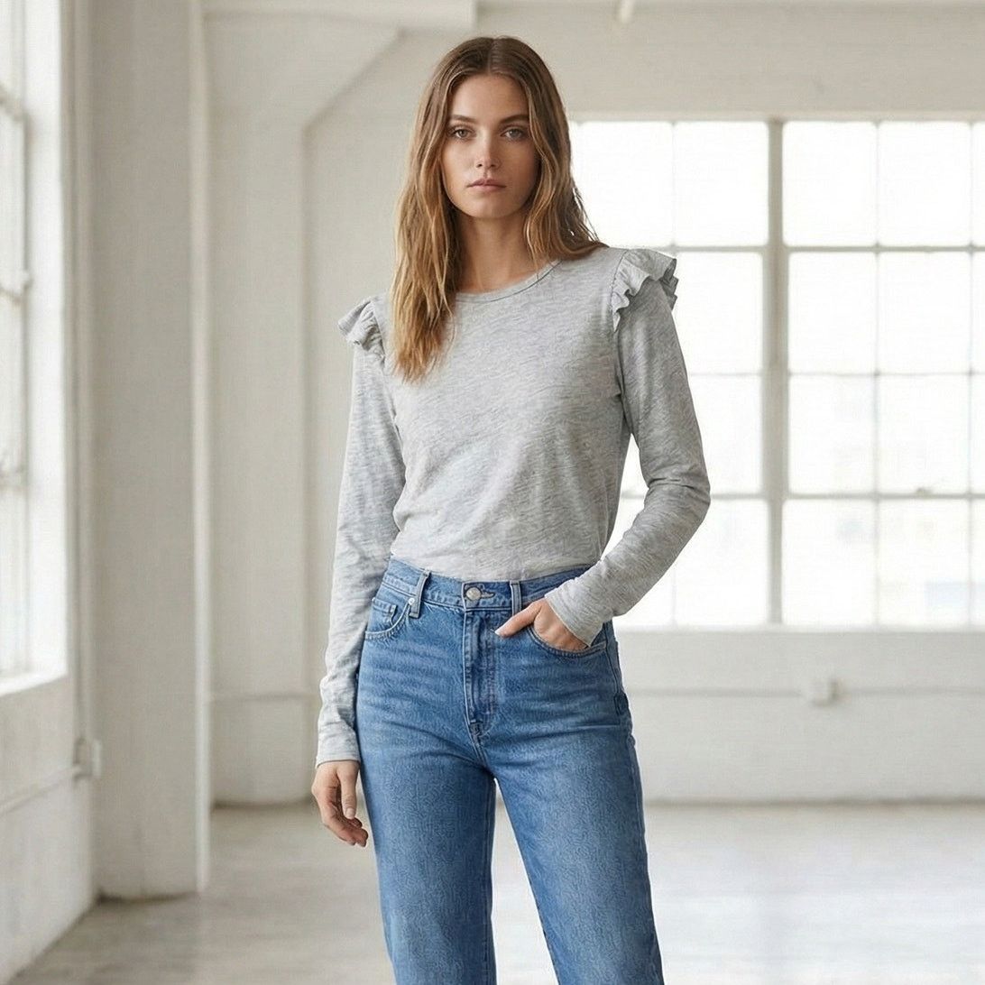 Frame FRAME Denim Ruffle Shoulders Crew Pullover Top Heather Gray Size M / US 6-8 / IT 42-44 - 1 Thumbnail
