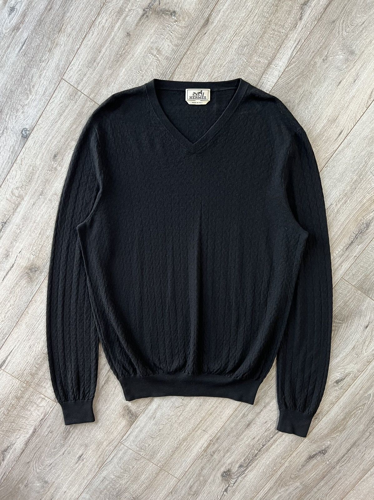 image of Hermes Sweater V-Neck Wool Monogram Textured H in Black, Men's (Size 2XL)