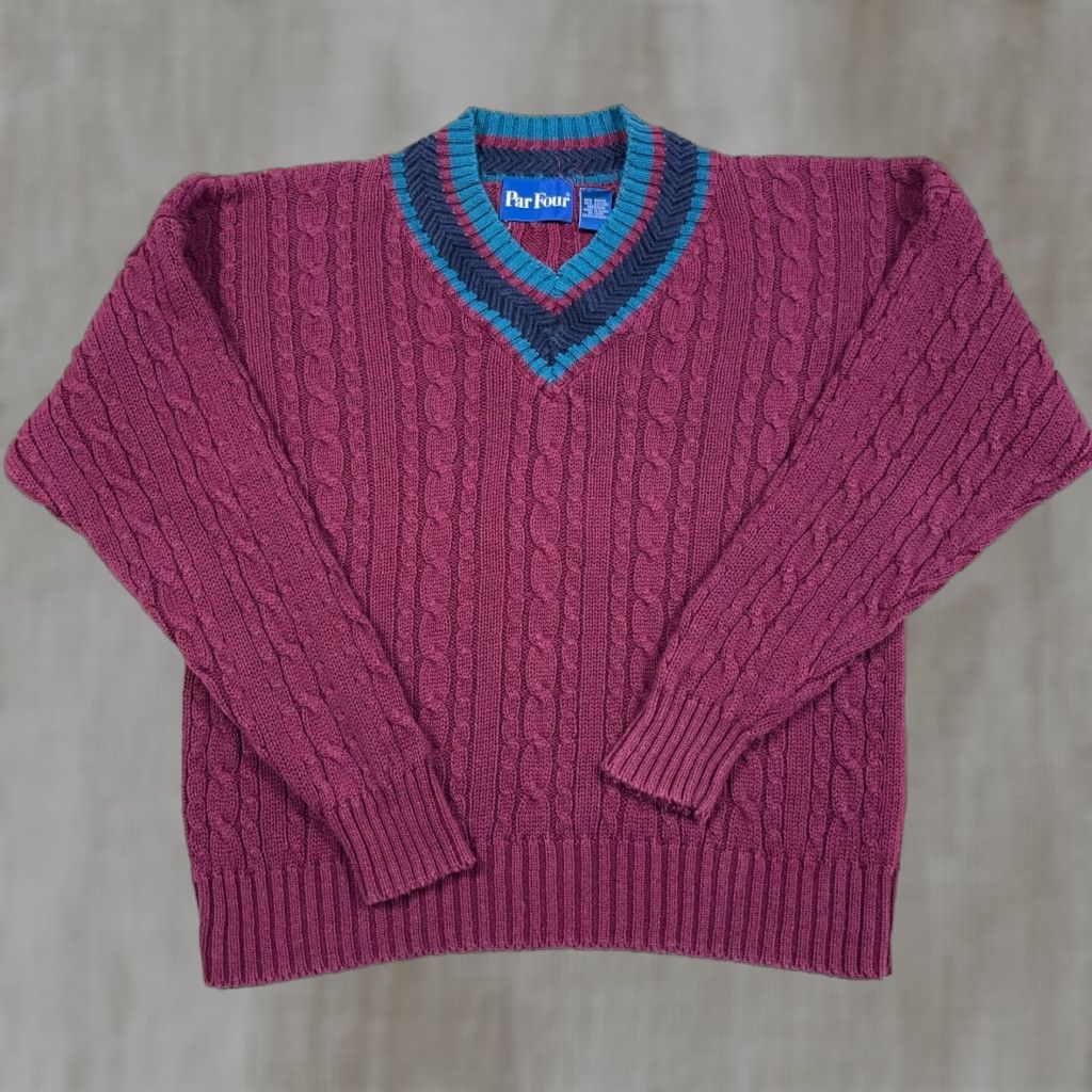 Vintage VINTAGE Grandpa Sweater Men Medium Maroon Cable Knit 90s Deep V Neck Cricket Mens Size US M / EU 48-50 / 2 - 1 Thumbnail
