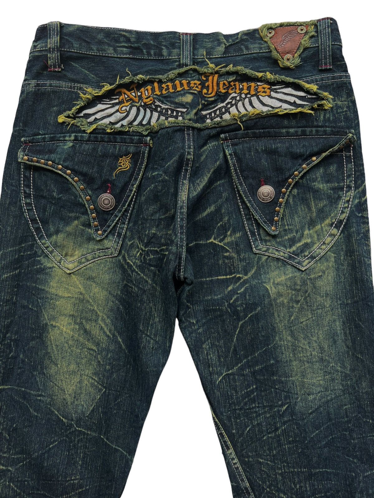 Other 🔥 Rare Nylaus Premium Wings Punk Denim Faded Jeans 33x28 Size US 33 - 5 Thumbnail