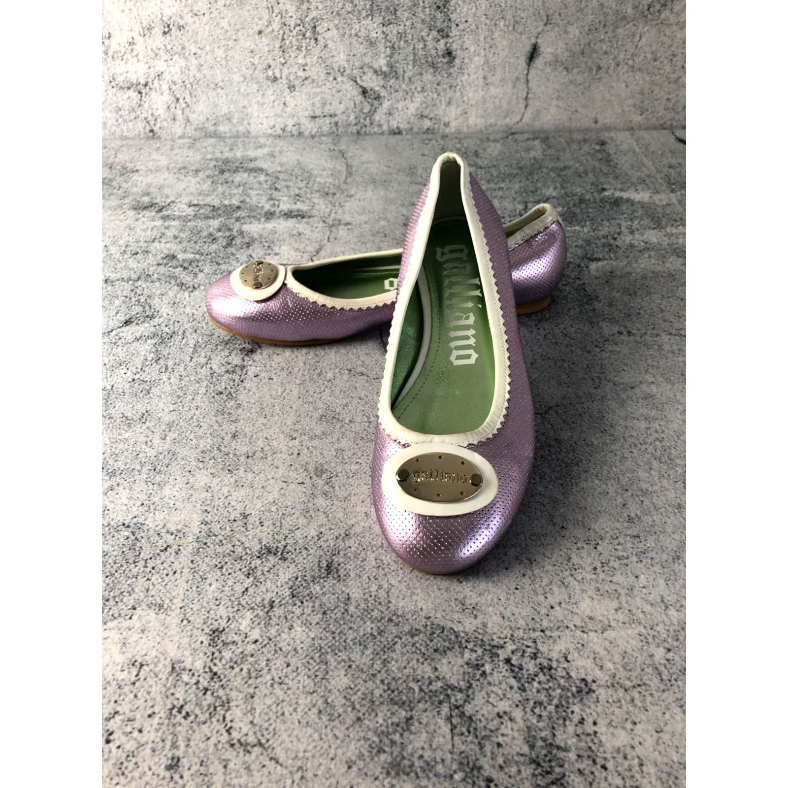 Vintage Galliano Women's Ballet Flats Size 36 Shiny Purple Leather Ballet Flats Womens Shoes Flat Heel Leather Upper Lining Toe Round Purple Galliano Shoes Size US 5.5 / IT 35.5 - 2 Thumbnail
