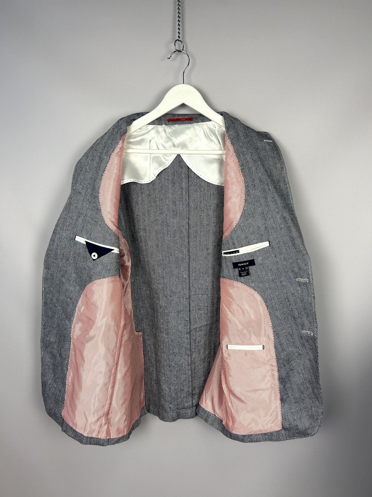 Designer × Gant GANT 100% Linen Herringbone Blazer Blue White Size EU52 Size 42R - 11 Thumbnail