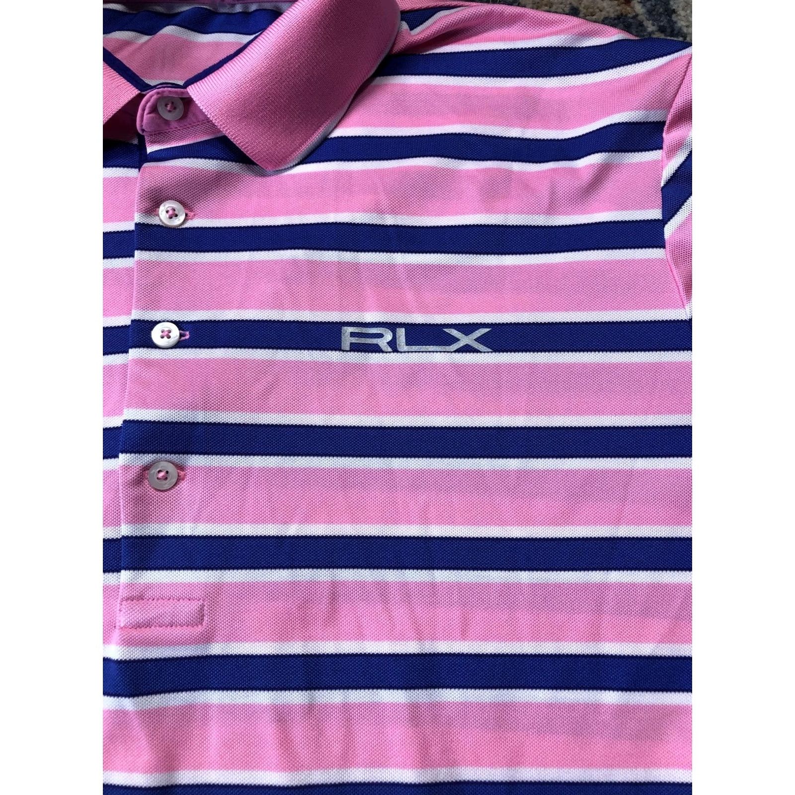 RLX Ralph Lauren RLX Ralph Lauren Polo Shirt Mens XL Pink Blue Striped Short Sleeve Golf Performance Moisture Wicking Logo Row Size US XL / EU 56 / 4 - 2 Thumbnail