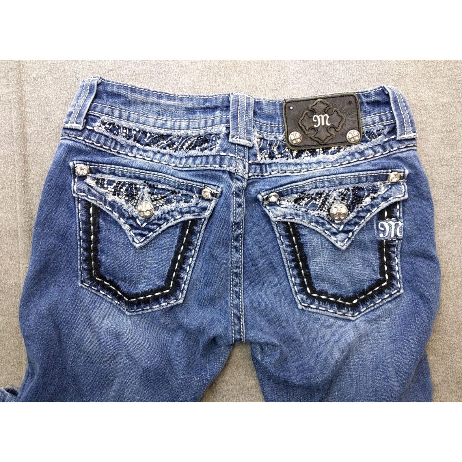 Miss Me Miss Me Jeans Womens 27x33 Blue Skinny Low Rise Distressed Rhinestone Embroidered Pocket Slim Stretch Denim Jeans Size 27" / US 4 / IT 40 - 2 Thumbnail