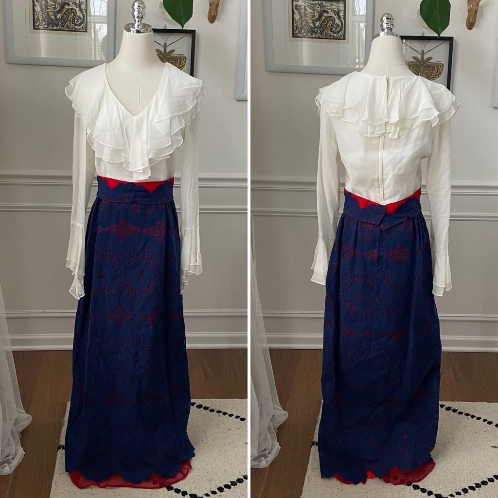 Vintage Vintage 70s Calderon Blue White Red Maxi Dress Long Sleeve S Size S / US 4 / IT 40 - 1 Preview