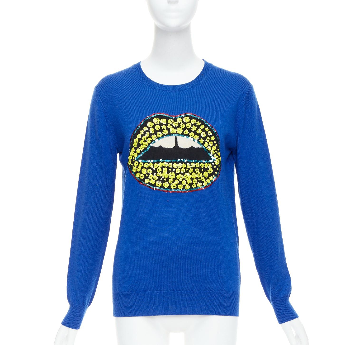 Markus Lupfer MARKUS LUPFER blue merino wool yellow sequin lip sweater S Size S / US 4 / IT 40 - 1 Thumbnail