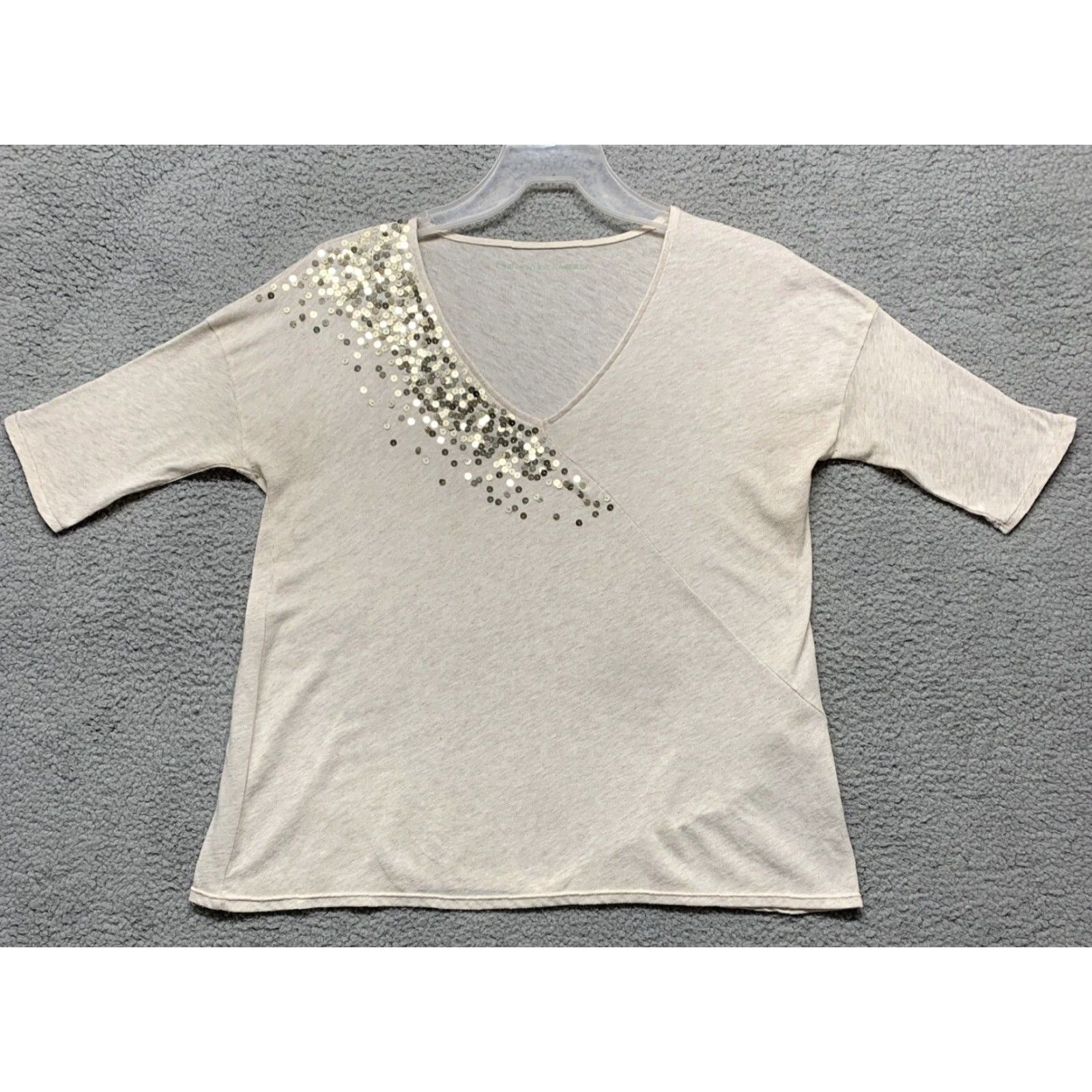 Calvin Klein Calvin Klein Pullover Top Women's S/P Heather Cream Sequins V-Neck Relaxed Fit Shirt Size S / US 4 / IT 40 - 2 Thumbnail