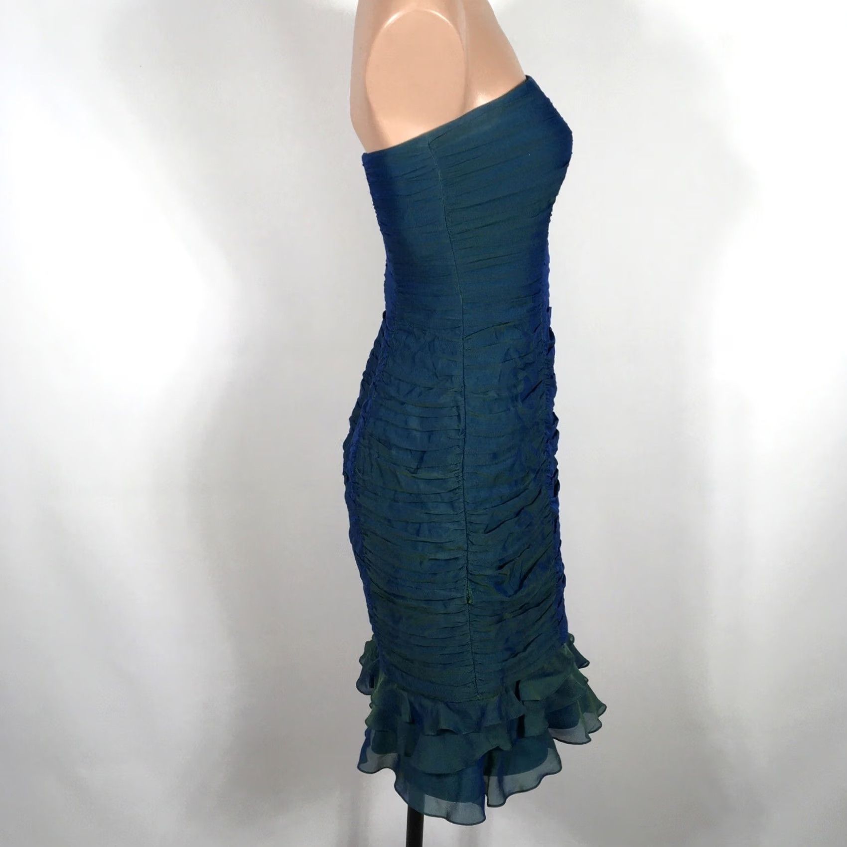 Tadashi Shoji VINTAGE TADASHI COLLECTION 100% SILK Mermaid DRESS 4 Sweetheart Ruched Ruffle Green Blue Womens Size S / US 4 / IT 40 - 6 Thumbnail