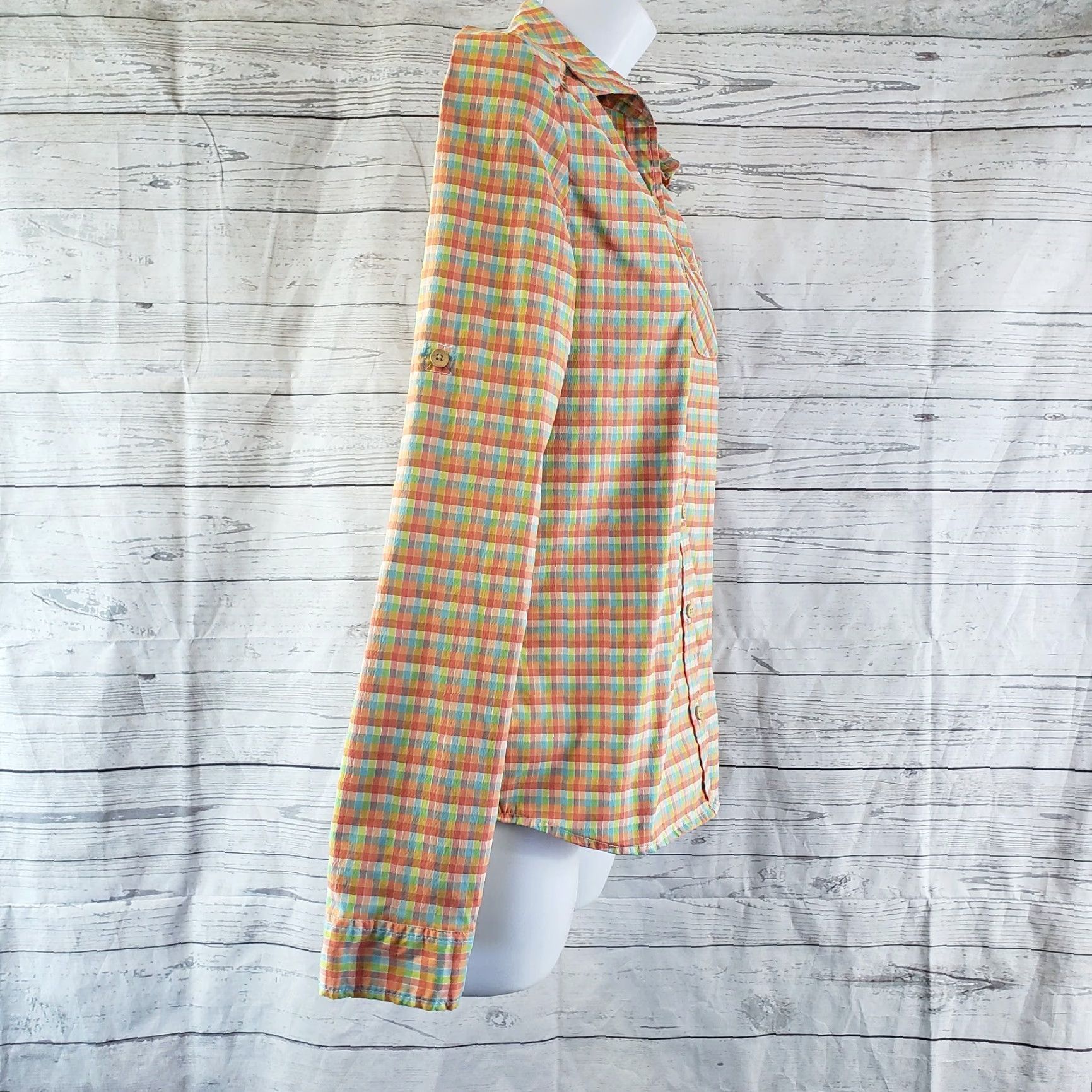 Vintage Lucy Womens Button Front Shirt XS Orange Blue Checkered Long Sleeve Vented Carded Vintage: No Casual Size XS / US 0-2 / IT 36-38 - 3 Thumbnail
