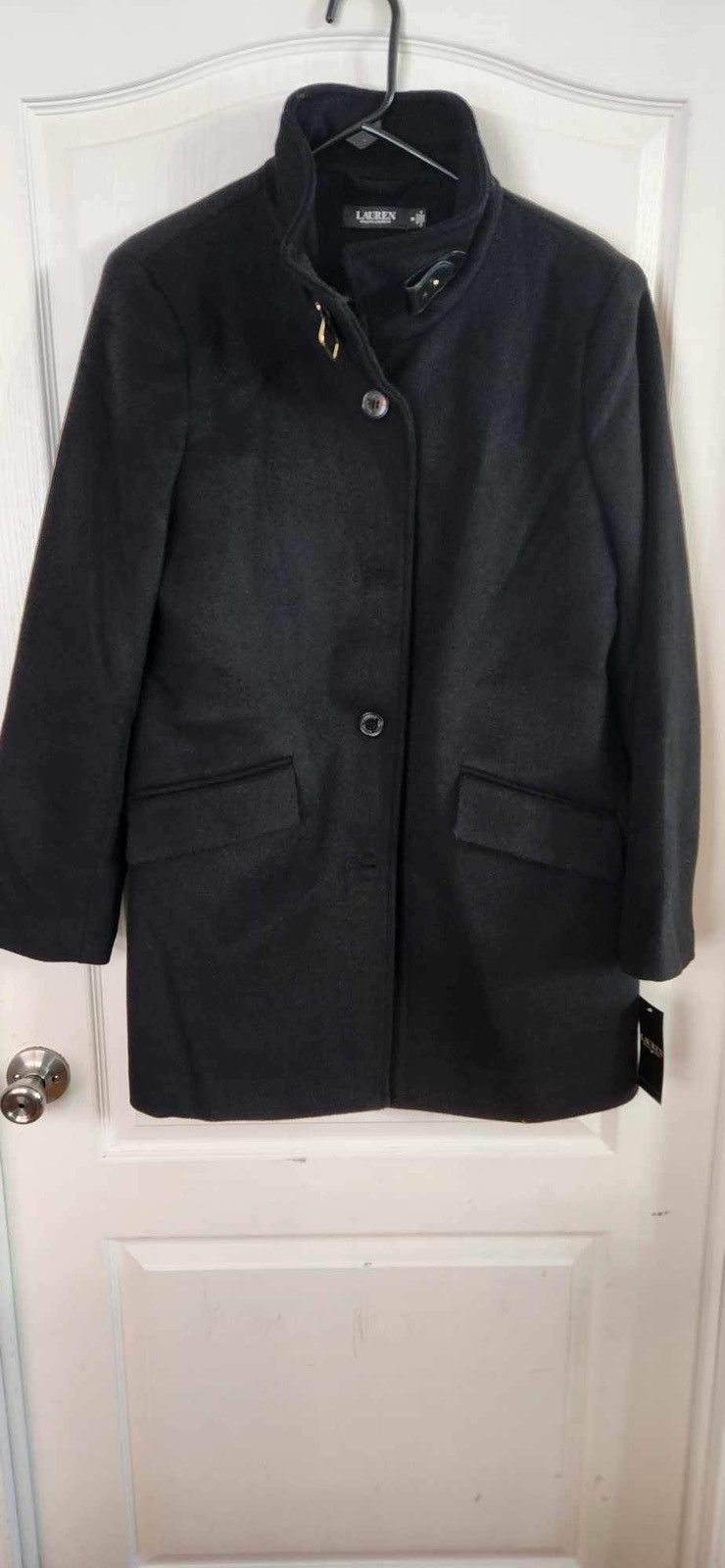 image of Lauren Ralph Laurent Wool Buckle Collar Coat NWT Size 14. 085 in Black, Women's