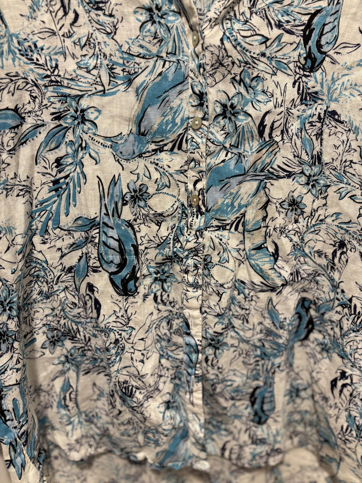 Elie Tahari Tahari Blue & White 100% Linen Floral/Bird Print Blouse Sm Size S / US 4 / IT 40 - 4 Thumbnail