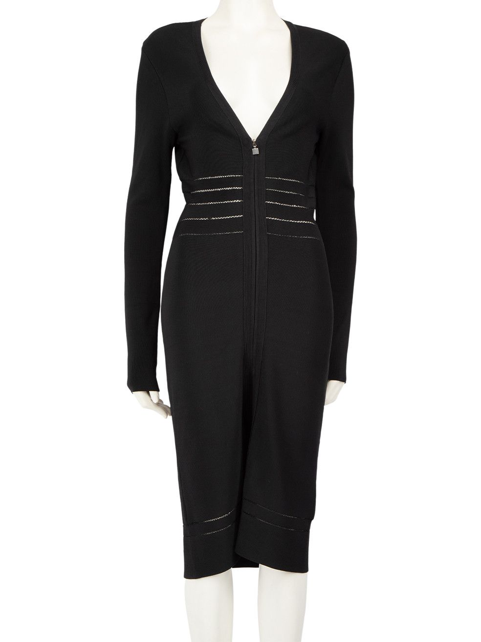 image of Herve Leger Black Front Zip Midi Knit Dress, Women's (Size Medium)