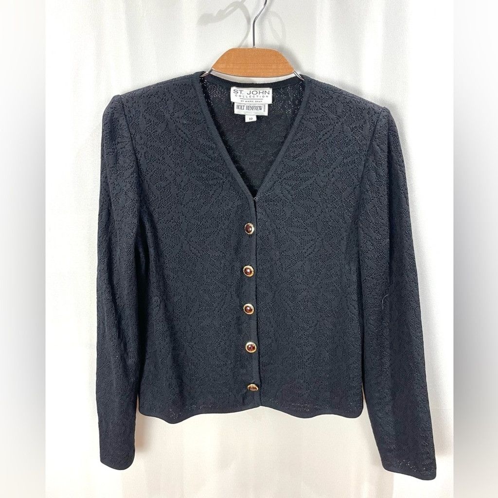 St. John St. John Black Pointelle Knit Wool Blend Cardigan Size 10 Size L / US 10 / IT 46 - 2 Thumbnail