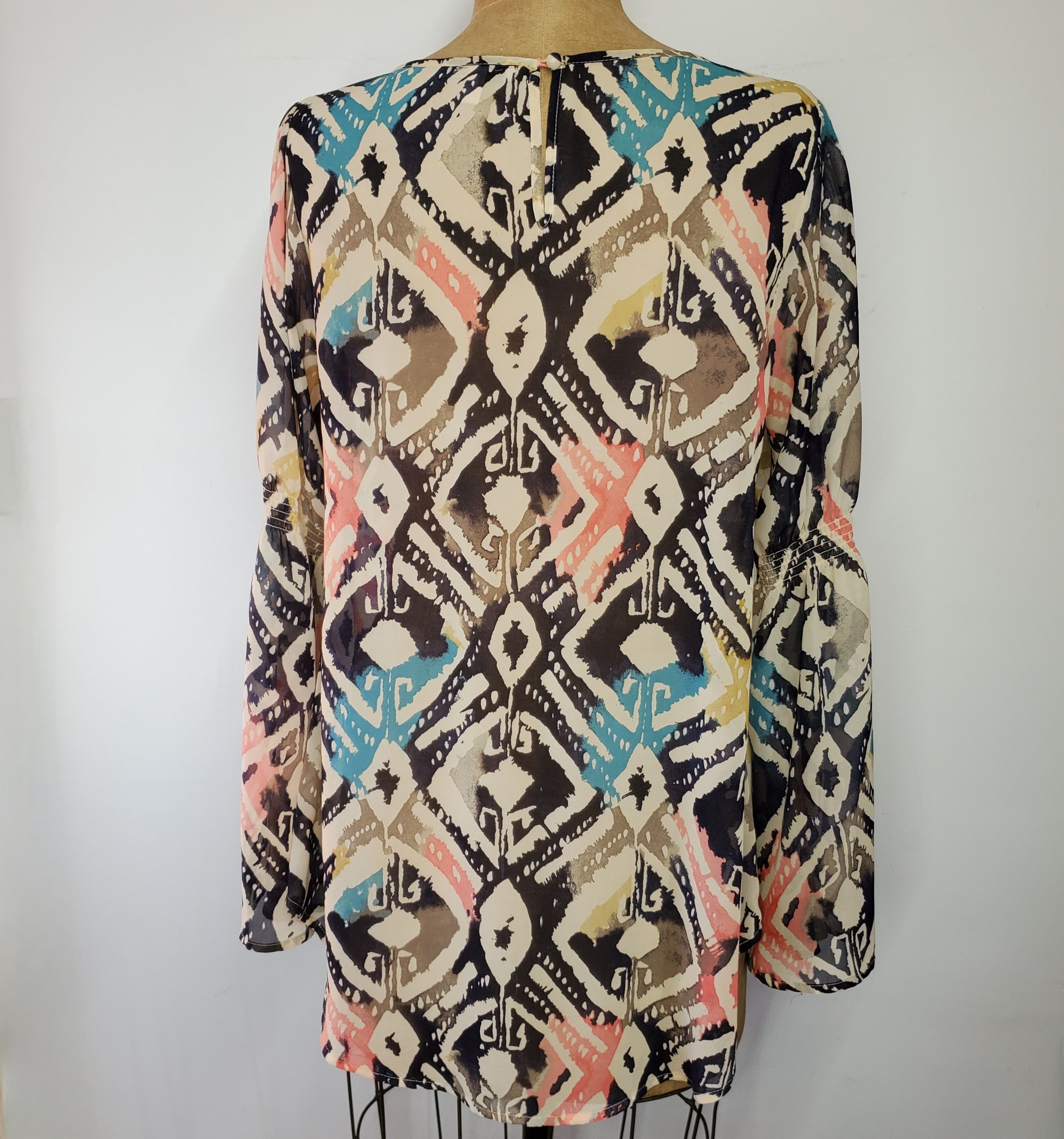 Other Blu Pepper Size L Blouse Long Bell Sleeve Ikat Pink Blue Size L / US 10 / IT 46 - 4 Thumbnail