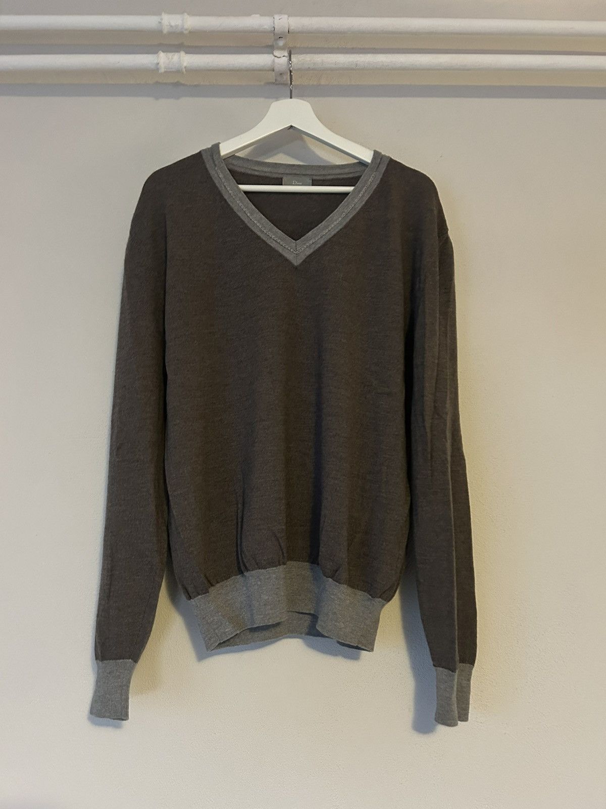 Dior Dior Taupe Wool V-Neck Sweater with Light Grey Trim Size US XL / EU 56 / 4 - 1 Thumbnail