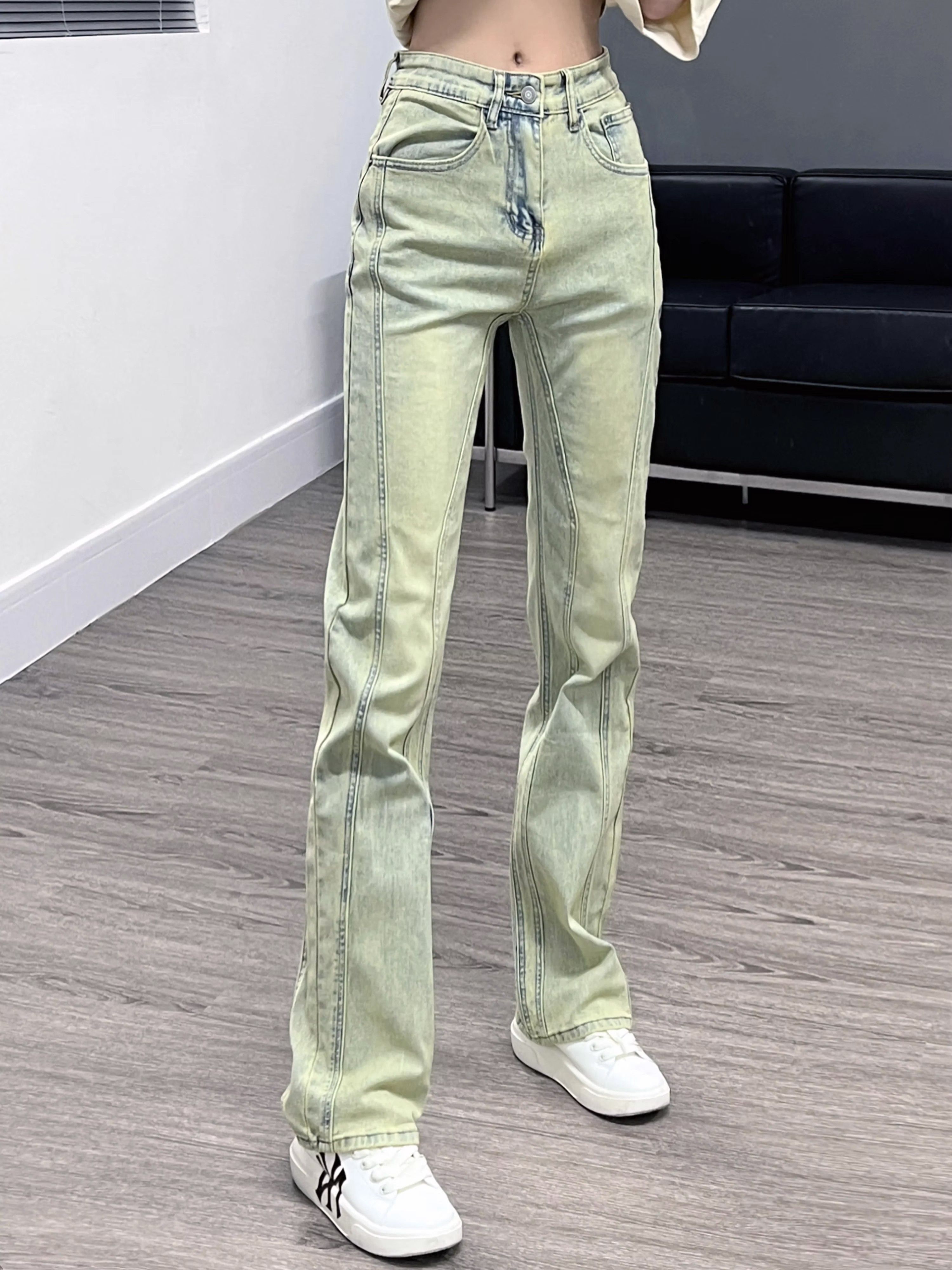 image of Retro Washed Micro Flared Loose Fitting Jeans in Yellow, Men's (Size 30)