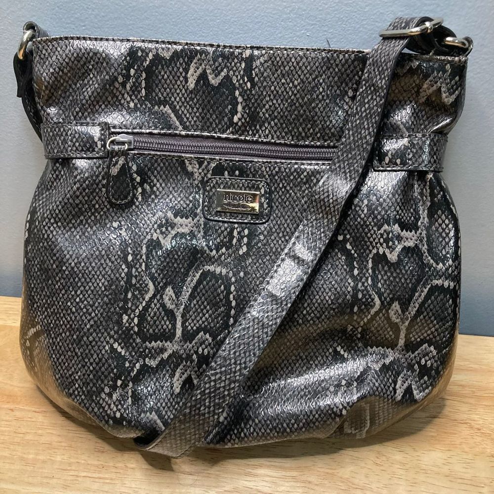 Nicole Miller Nicole Miller, Snakeskin Print Gray Black Vegan Leather, Rosette Accents Womens Size ONE SIZE - 3 Thumbnail