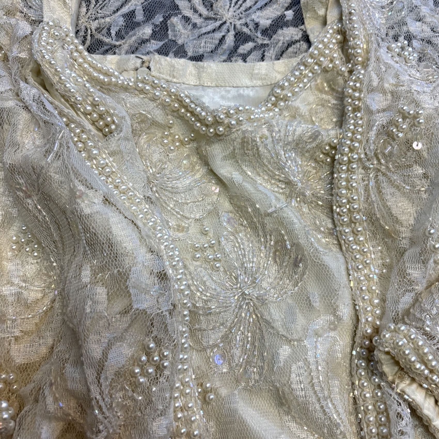 Vintage VINTAGE XL Ivory Lace Beaded Sequin Pearl Long Sleeve Wedding Dress Flapper Handmade Size US XL / EU 56 / 4 - 4 Thumbnail