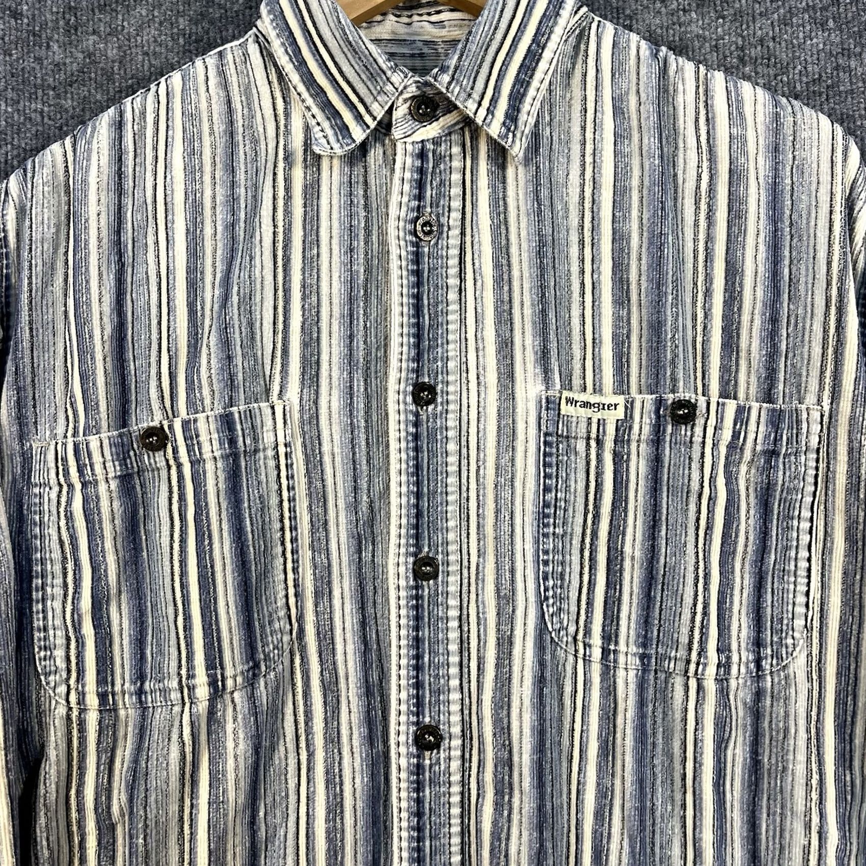Wrangler VINTAGE Wrangler Mens Shirt Button Corduroy Striped Western 90s Brushpopper Blue Shirt Mens Regular 90s Western Buttons Pockets Size US M / EU 48-50 / 2 - 2 Thumbnail