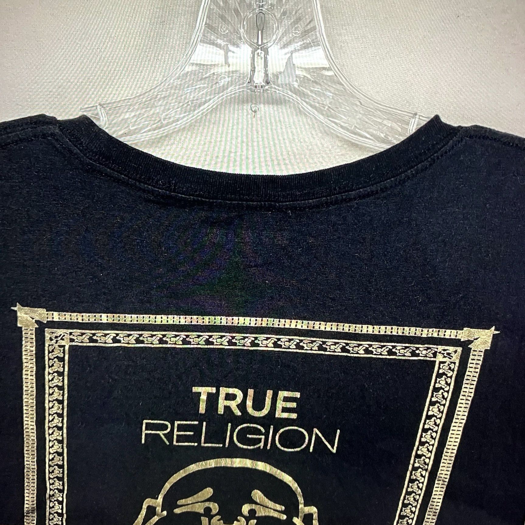 True Religion VINTAGE True Religion Men's T-Shirt XL Black Gold Foil Graphic Crew Neck Relaxed Fit Cotton All Seasons Size US XL / EU 56 / 4 - 6 Thumbnail