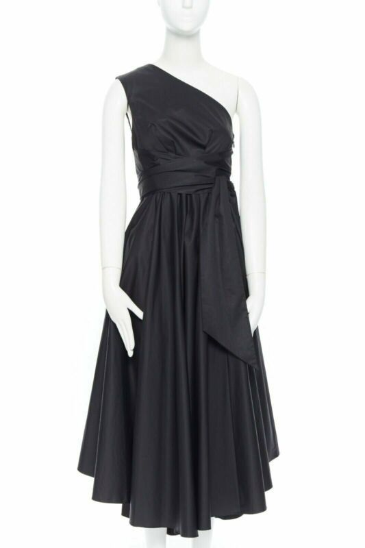Tibi TIBI black cotton fit flare dress one shoulder asymmetrical pleat skirt US0 XS Size 26" / US 2 / IT 38 - 1 Thumbnail