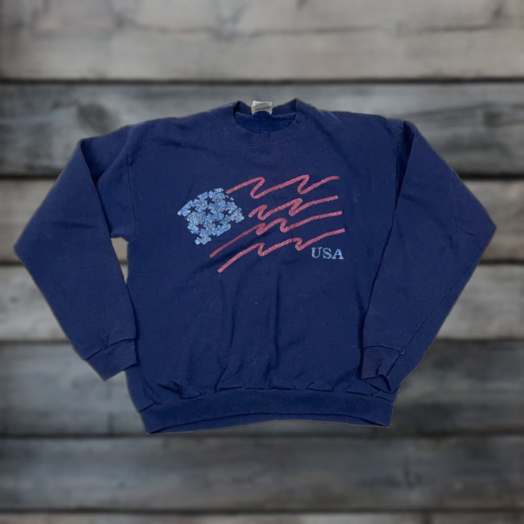 Vintage VINTAGE Santee Sweatshirt - American Flag Glitter Crew Neck Pullover - Cotton-Blend - Men Large - Blue - 1990s Retro/Patriotic - US Made Size US L / EU 52-54 / 3 - 1 Thumbnail