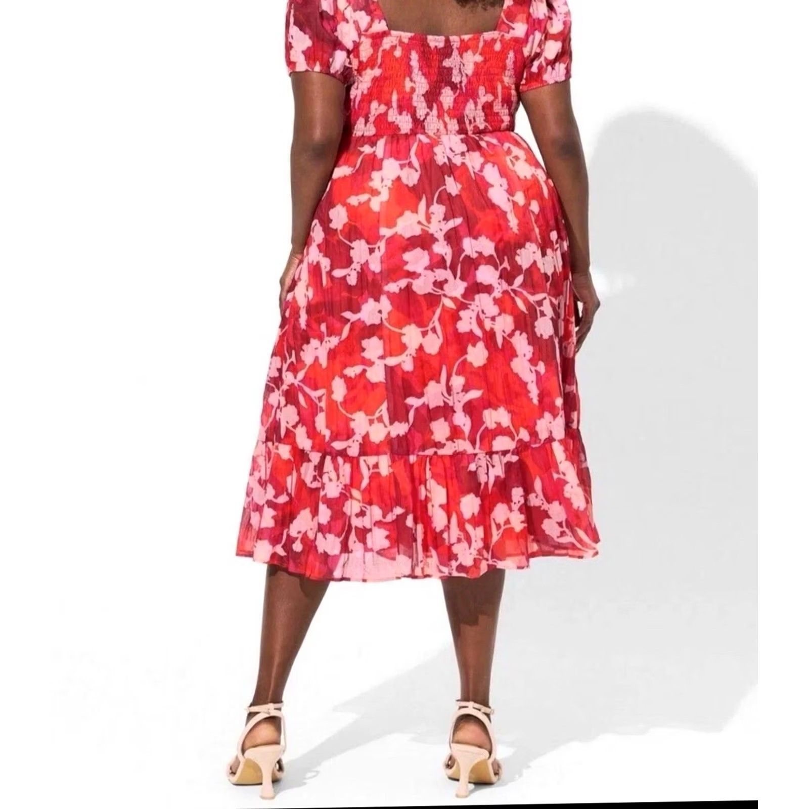 Torrid Torrid Dress Midi Cotton Smocked Lace Up Floral Shady Rose 2XL Womens Red Size XXL / US 16-18 / IT 52-54 - 2 Thumbnail