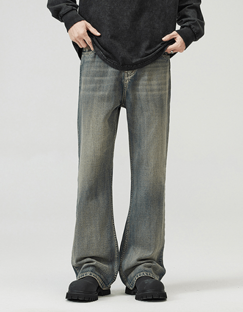 American high street washed loose flared distressed jeans