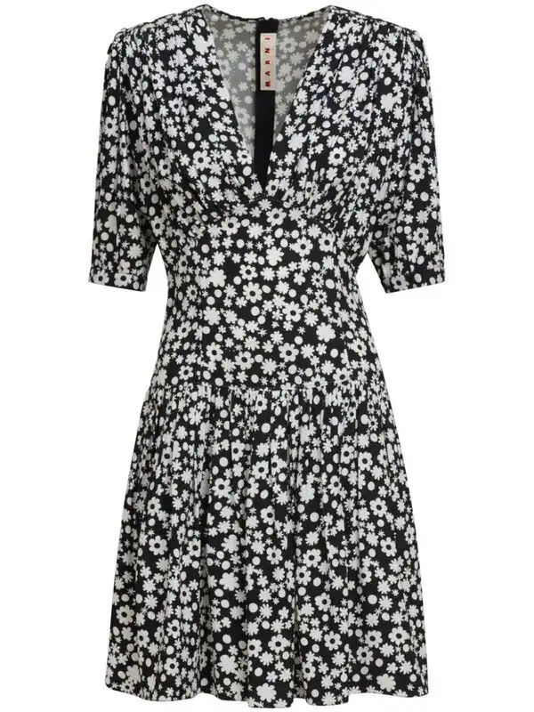 Marni o1w1db10426 Floral-Print Mini Dress in Black Size L / US 10 / IT 46 - 1 Thumbnail