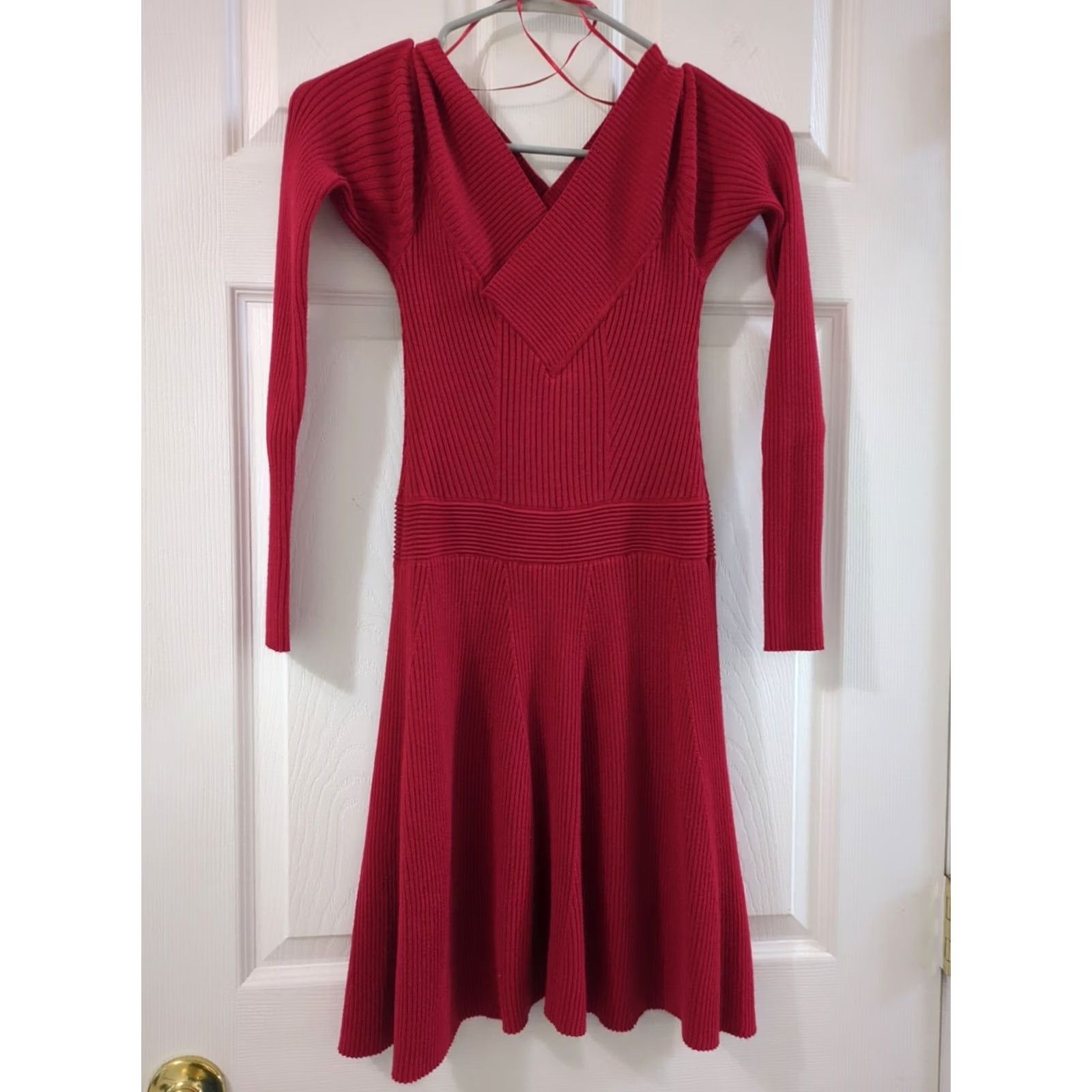 Vintage Candie’s Knit Dress Junior's S Red Long Sleeve Knee Length V-Neck Size S / US 4 / IT 40 - 4 Thumbnail