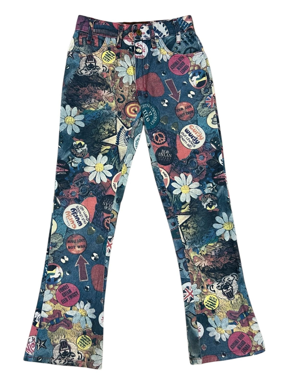 POP MAGAZINE × Vintage Vintage 1980s MODZART London Overprinted Flare Hem Jeans Size US 26 / EU 42 - 2 Thumbnail