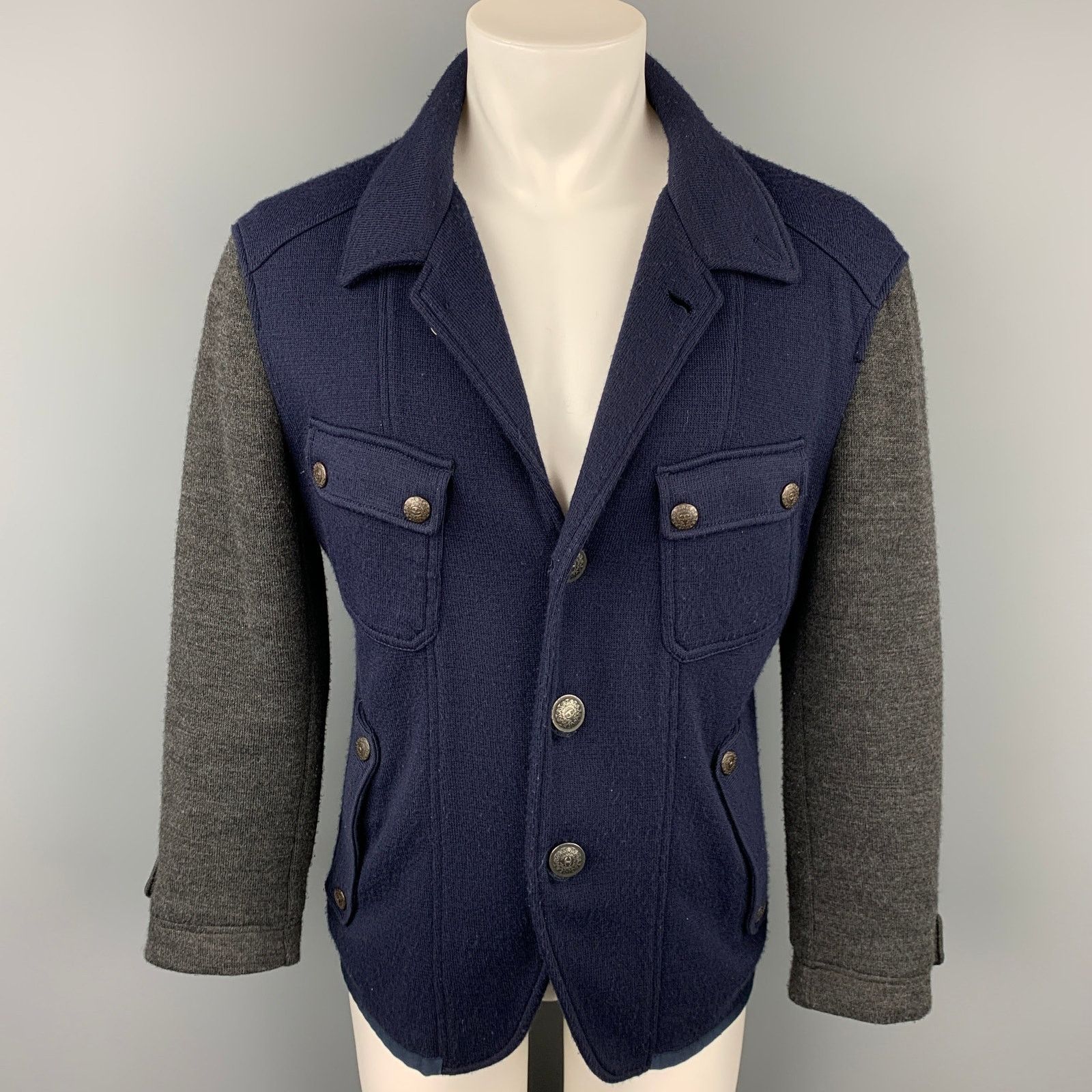 Just Cavalli JUST CAVALLI Size L Navy & Grey Color Block Knit Jacket Size US L / EU 52-54 / 3 - 1 Thumbnail