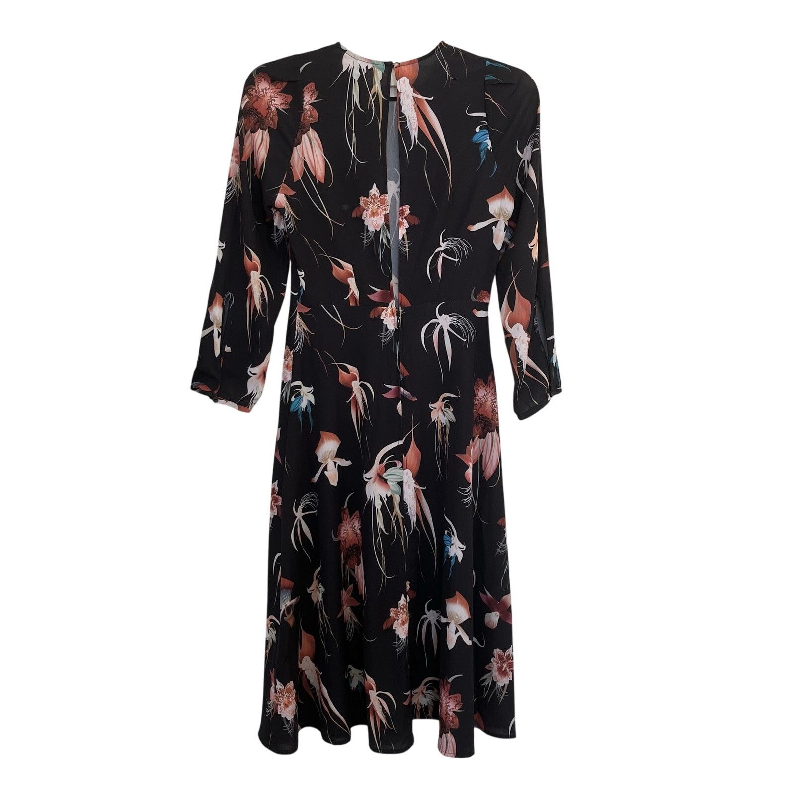 H&M H&M Black Floral Midi Dress Open Back Long Sleeve Flowy Size XS / US 0-2 / IT 36-38 - 3 Thumbnail