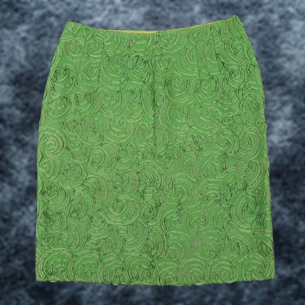 Vintage VINTAGE Sophisticated Miss Skirt Womens 14 Green Floral Applique Ruffle Pencil Mole? Size 36" / US 14 / IT 50 - 1 Thumbnail