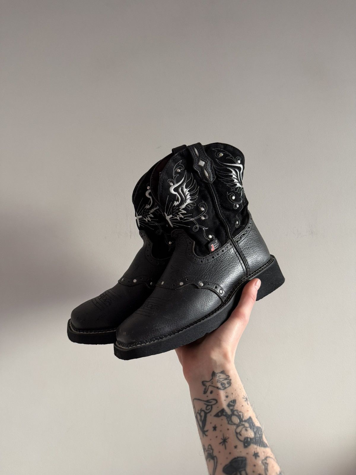 Justin Boots Justin Boots Black Leather Western Biker Boots Size US 7.5 / IT 37.5 - 1 Thumbnail